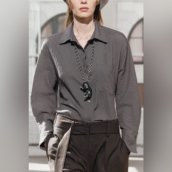 ZARA ZW COLLECTION STRIPED BUTTON DOWN SHIRT POCKET MODAL EDGY CAREER Gray L - Picture 6 of 12